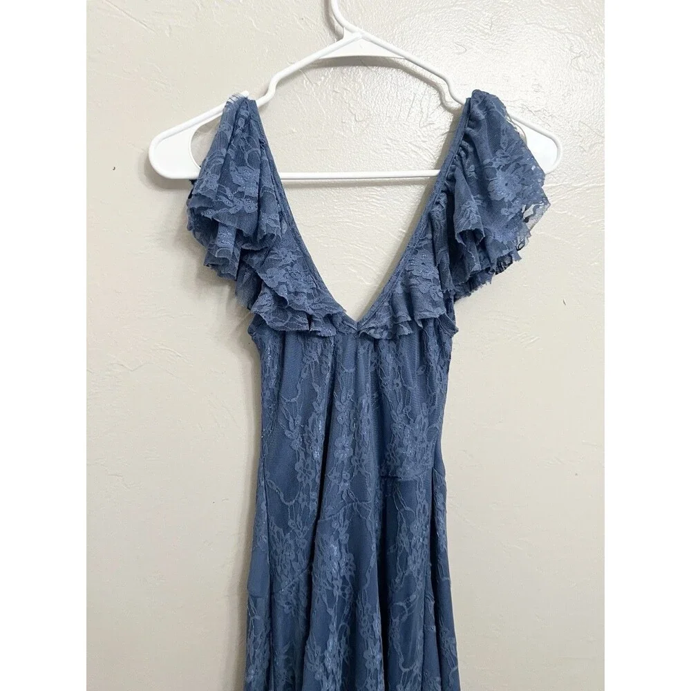 Vintage Y2K Thirty Thirty Dress S Blue Lace Fairycore Hi Low Ruffle Maxi Mesh
